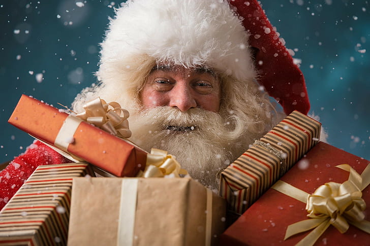 Père Noël, Père Noël et boîtes-cadeaux, fourrure, barbe, Noël, cadeaux, joyeux, Noël, 2016, Père Noël, père Noël, Fond d'écran HD