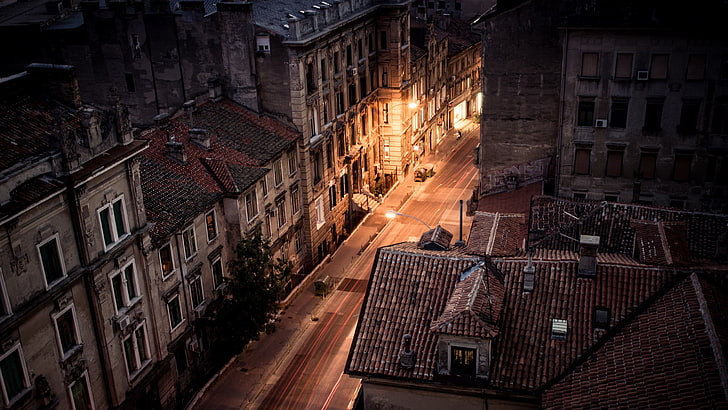 rua, Croácia, construção, luz de rua, Rijeka, paisagem urbana, telhados, noite, luzes, HD papel de parede