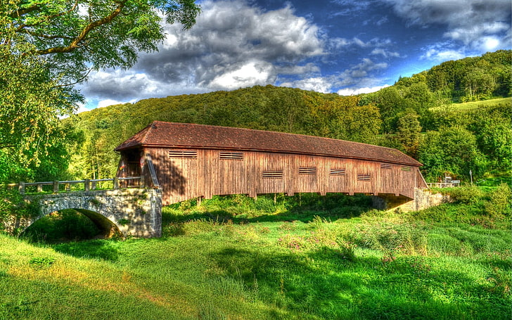rumah kayu coklat, alam, pemandangan, jembatan, Wallpaper HD