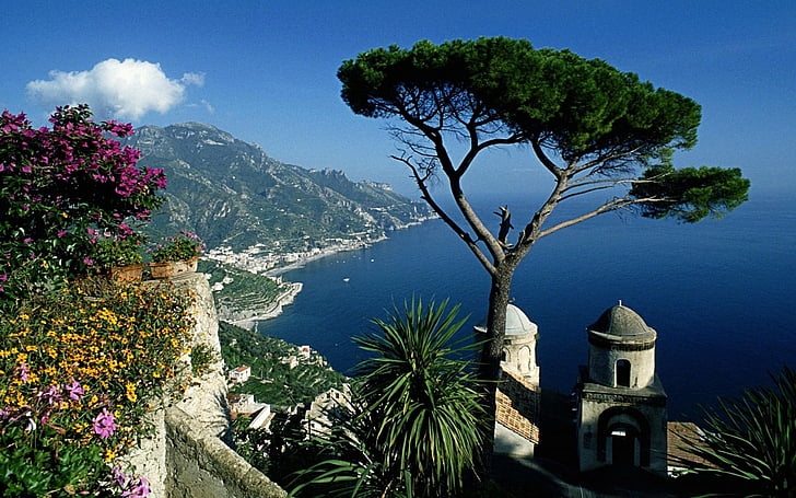 Towns, Amalfi, Coast, Flower, Man Made, Mountain, Ocean, Tree, HD wallpaper