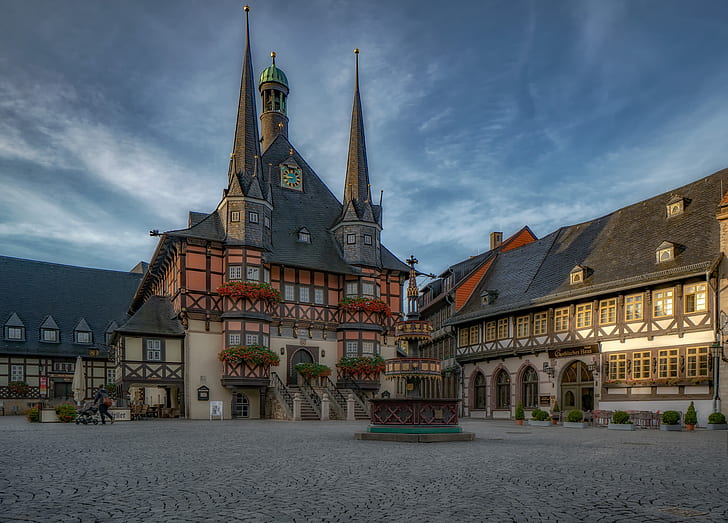 building, home, Germany, area, fountain, town hall, Saxony-Anhalt, Wernigerode, HD wallpaper