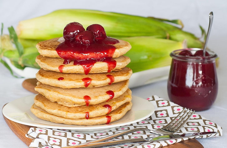 pancakes with strawberry jam, pancakes, jam, berries, breakfast, HD wallpaper