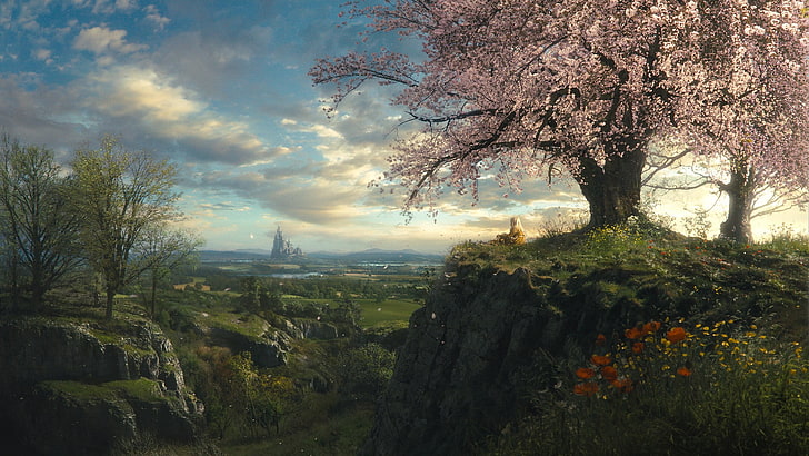 pink leafed tree, pink cherry blossom tree game setup illustration, landscape, nature, fantasy art, HD wallpaper