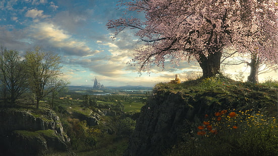 árbol de hojas de color rosa, ilustración de configuración del juego de árbol de flor de cerezo rosa, paisaje, naturaleza, arte de fantasía, Fondo de pantalla HD HD wallpaper
