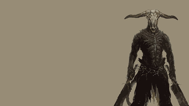 човек, който държи меч с илюстрация на каска с череп от добитък, Dark Souls, Capra Demon, минимализъм, видео игри, HD тапет