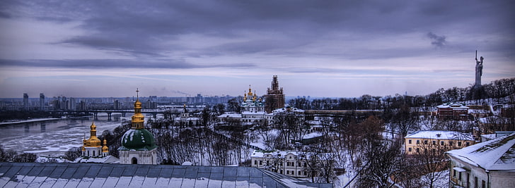 Ville d'hiver, bâtiment dôme blanc et vert, ville, hiver, Kiev, Fond d'écran HD