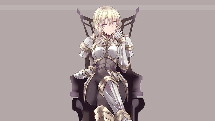 personnage d'anime féminin aux cheveux blancs, personnages originaux, filles de l'anime, armure, trône, blonde, assis, fond gris, yeux bleus, Fond d'écran HD