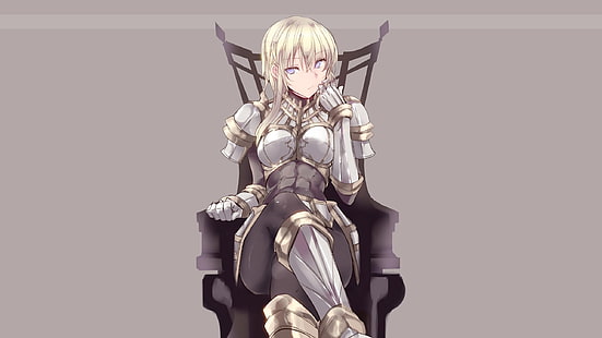 personnage d'anime féminin aux cheveux blancs, personnages originaux, filles de l'anime, armure, trône, blonde, assis, fond gris, yeux bleus, Fond d'écran HD HD wallpaper