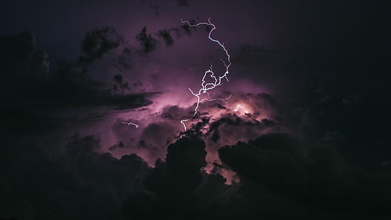 lightning, sky, night sky, cloudy, stormy, purple sky, HD wallpaper HD wallpaper