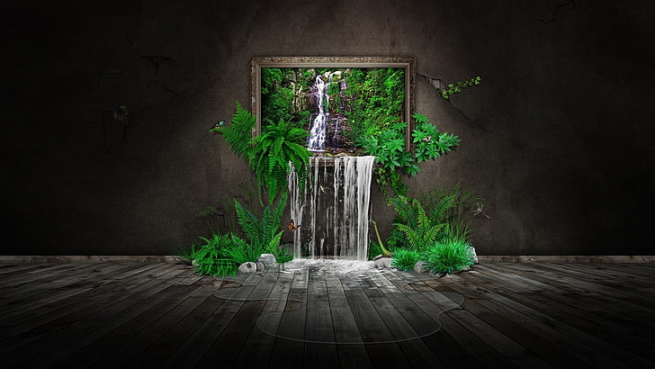green-leafed plants wallpaper, digital art, CGI, minimalism, water, nature, ferns, leaves, trees, waterfall, picture frames, rock, stones, butterfly, wall, wooden surface, puddle, HD wallpaper