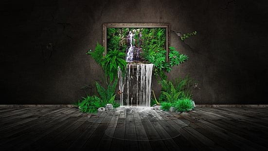wallpaper tanaman hijau, seni digital, CGI, minimalis, air, alam, pakis, daun, pohon, air terjun, bingkai foto, batu, batu, kupu-kupu, dinding, permukaan kayu, genangan air, Wallpaper HD HD wallpaper