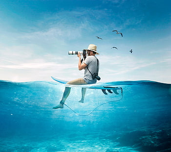 Surfer, Birds, Photographer, Sea, 4K, HD wallpaper HD wallpaper