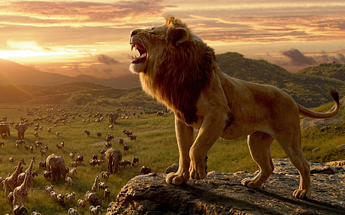 naturaleza, animales, leones, grandes felinos, elefantes, jirafas, cebras, puesta de sol, rugido, arte digital, El Rey León, Fondo de pantalla HD HD wallpaper