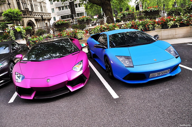 blue and pink Lamborghini cars, beauty, supercars, lamborghini murcielago lp640, baby, Lamborghini LP700-4 Aventador, HD wallpaper