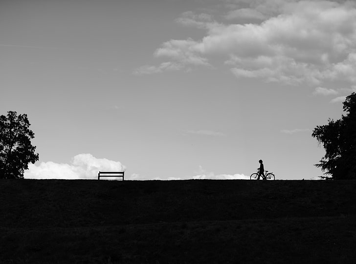 Childhood, bench and trees, Black and White, People, Bicycle, Silhouette, Bench, Park, Clouds, bike, Path, HD wallpaper