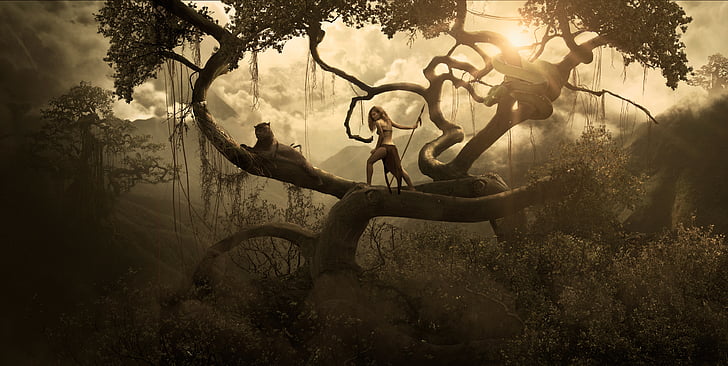 the Legend of Tarzan movie poster screenshot, Jungle, Girl, Black Panther, Big snake, 4K, HD wallpaper