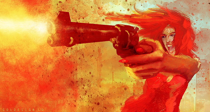 pistol, api, wanita, berambut merah, gadis-gadis dengan senjata, Wallpaper HD