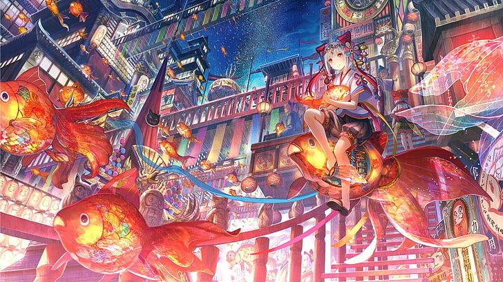 Japan, fantasy art, night, steampunk, fish, sky, anime girls, oriental, HD  wallpaper | Wallpaperbetter