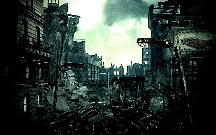 ilustracja budynków z szarego betonu, Fallout, Fallout 3, gry wideo, apokaliptyczne, Tapety HD