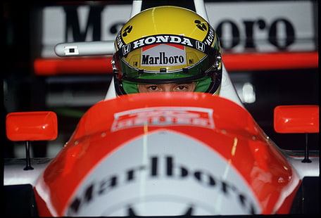 veículo Marlboro F1 vermelho e branco, McLaren, EUA, Phoenix, Ayrton Senna, Fórmula 1, 1991, Senna, Ayrton, homem da chuva, um grande piloto, HD papel de parede HD wallpaper