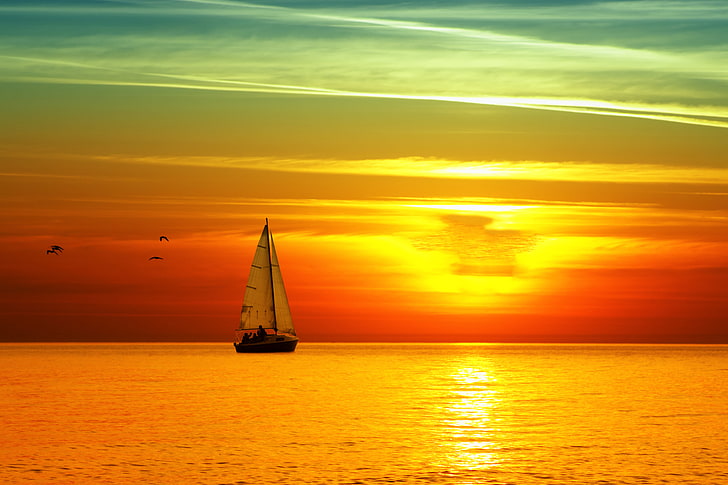 black and beige sailboat, sea, sunset, yacht, sail, bright, HD wallpaper
