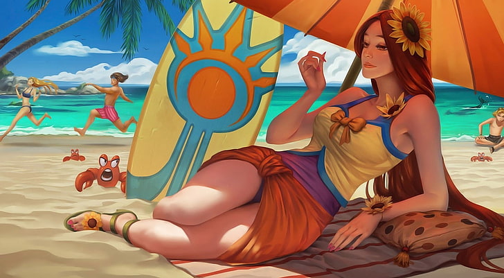 женская желтая майка, иллюстрация, иллюстрация, League of Legends, вечеринка у бассейна, Leona (Лига Легенд), HD обои