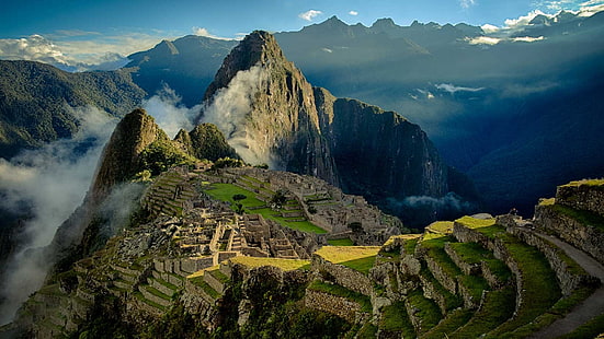 montanha marrom, natureza, paisagem, montanhas, névoa, Machu Picchu, Peru, Património Mundial, arqueologia, ruína, HD papel de parede HD wallpaper