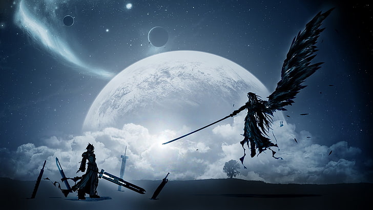 Fond d'écran numérique de Final Fantasy 7 et Sephiroth, Final Fantasy, ailes, Lune, planète, Sephiroth, Cloud Strife, jeux vidéo, Fond d'écran HD