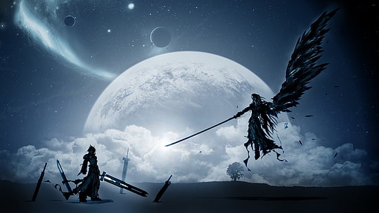 Final Fantasy 7's Cloud Strife and Sephiroth Tapeta cyfrowa, Final Fantasy, skrzydła, Księżyc, planeta, Sephiroth, Cloud Strife, gry wideo, Tapety HD HD wallpaper