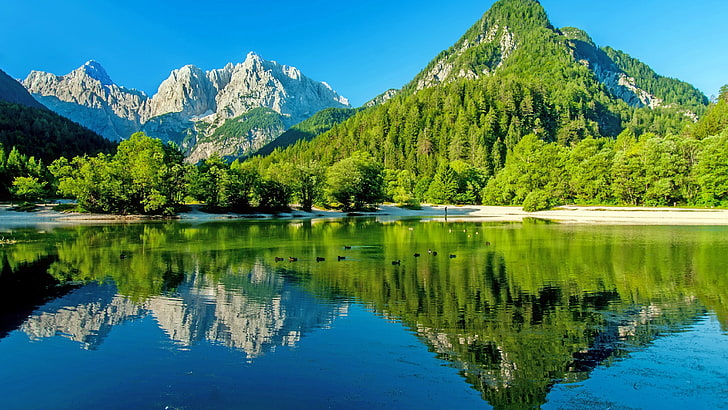 отражение, природа, гора пейзаж, пустыня, озеро Ясна, Словения, гора, озеро, Краньска гора, горный хребет, вода, Европа, юлианские Альпы, отражение, Альпы, HD обои