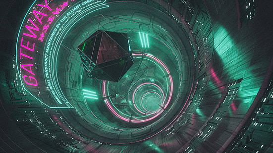 futuristico, synthwave, opere d'arte, fantascienza, David Legnon, icosaedro, Sfondo HD HD wallpaper