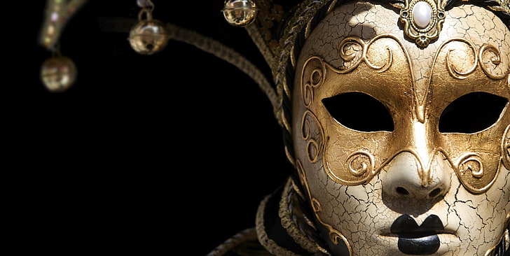 золотая и белая маска, венецианские маски, маска, колокольчик, черный фон, HD обои