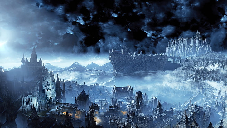 illustrazione del villaggio e del castello, Dark Souls III, Irithyll, Sfondo HD
