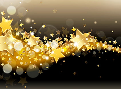 gold stars illustration, stars, lights, background, gold, Shine, golden, glow, sparkle, glitter, HD wallpaper HD wallpaper