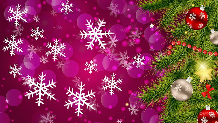 Un éclat de flocons de neige, décorations, flocons de neige, boules, noël, lumineux, arbre, feliz navidad, éclat, épicéa, rose, Fond d'écran HD