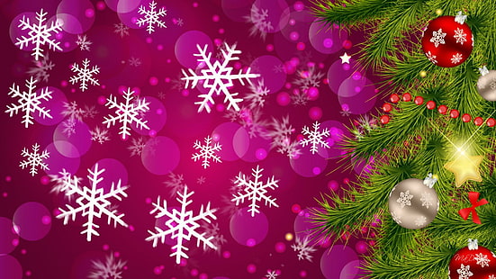 Искричка от снежинки, декорации, снежинки, топки, Коледа, ярка, дърво, feliz navidad, искри, смърч, розово, HD тапет HD wallpaper