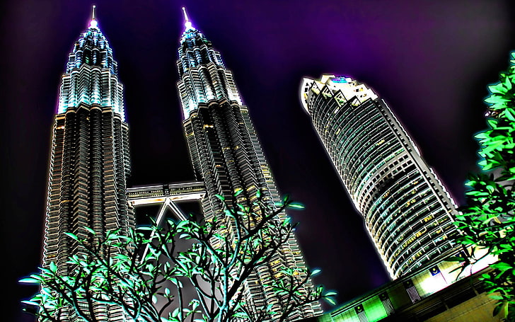 здания, город, архитектура, светящиеся, Малайзия, Куала Лумпур, HD обои