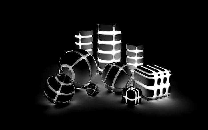 Black Balls Cube Box Abstrak HD, kubus dan silinder hitam dan putih dipimpin cahaya, abstrak, digital / karya seni, hitam, kubus, kotak, bola, Wallpaper HD