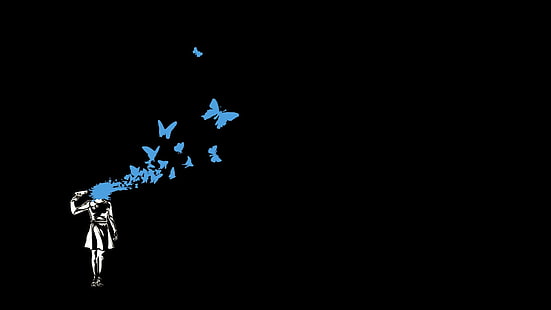 Persona 3, suicide, black background, Persona series, minimalism, dark, butterfly, artwork, gun, HD wallpaper HD wallpaper