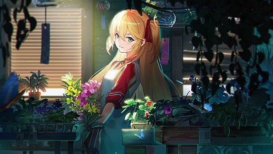 Blond tjej trädgård blommor 2017 Anime Poster 4K Ul .., HD tapet HD wallpaper