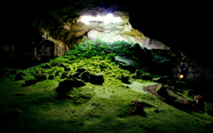 The Cave, green grass and cave, nature, cave, green, beautiful, 3d and abstract, HD wallpaper