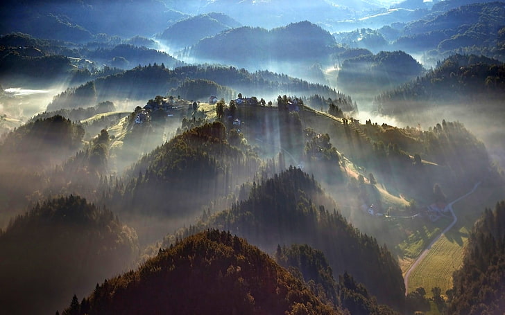 иллюстрация гор, природа, пейзаж, туман, лес, деревья, утро, солнечные лучи, вид с воздуха, деревни, горы, HD обои