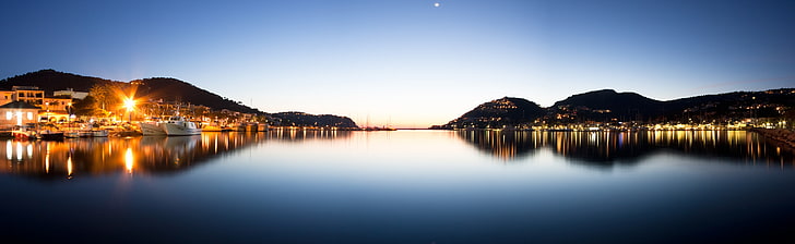 Mallorca at Night, white boat, Europe, Spain, Night, Port, canon, sigma, 450d, baleares, balearicislands, mallorca, majorca, pano, 1020mm, andratx, elpuerto, noche, HD wallpaper