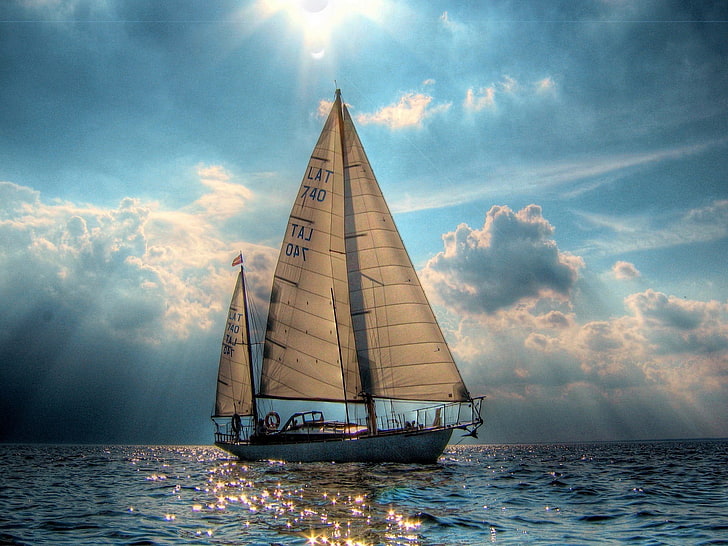 日中、風景、自然、海、水、帆船の中にベージュの帆船、 HDデスクトップの壁紙