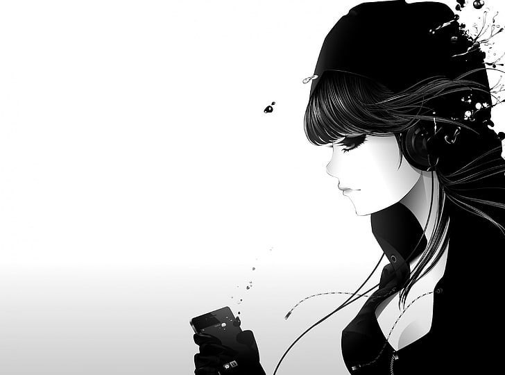 Девушка, слушающая музыку Bw, женский черный V-образный вырез с V-образным вырезом, Aero, Vector Art, Girl, Music, Listening, HD обои