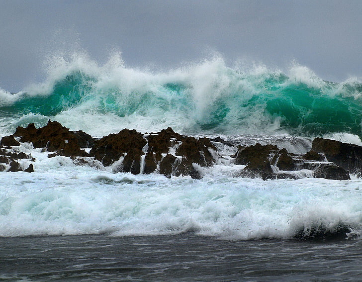 water waves, waves, water, rocks, storm, sea, sea foam, HD wallpaper