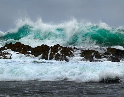 موجات المياه ، الأمواج ، المياه ، الصخور ، العاصفة ، البحر ، زبد البحر، خلفية HD HD wallpaper