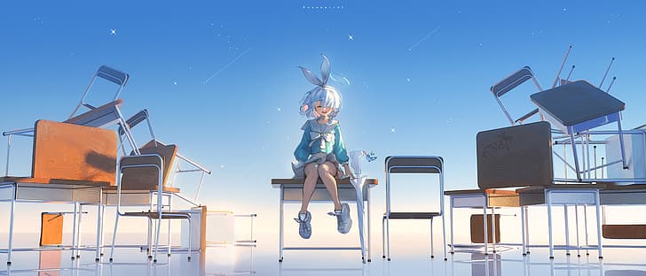 arona(blue archive), Blue Archive, anime girls, sailor uniform, skirt, blue hair, HD wallpaper