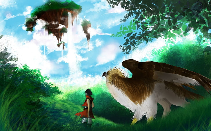 man beside the griffin animated illustration, nature, fantasy art, anime, HD wallpaper