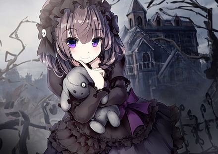 Anime Mädchen, Gothic, Teddybär, Loli, schwarzes Kleid, Anime, HD-Hintergrundbild HD wallpaper